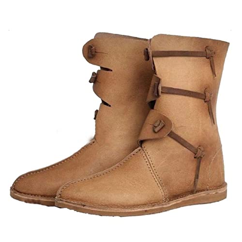 Cachorro 1 Paar Mittelalterliche Flache Wikingerstiefel Mit Runder Zehenpartie, Steampunk-Retro-Herrenstiefeletten Aus Pu-Leder, Modische Spitzenstiefel,Khaki,43 von Cachorro