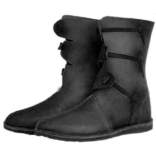 Cachorro 1 Paar Mittelalterliche Flache Wikingerstiefel Mit Runder Zehenpartie, Steampunk-Retro-Herrenstiefeletten Aus Pu-Leder, Modische Spitzenstiefel,Schwarz,43 von Cachorro