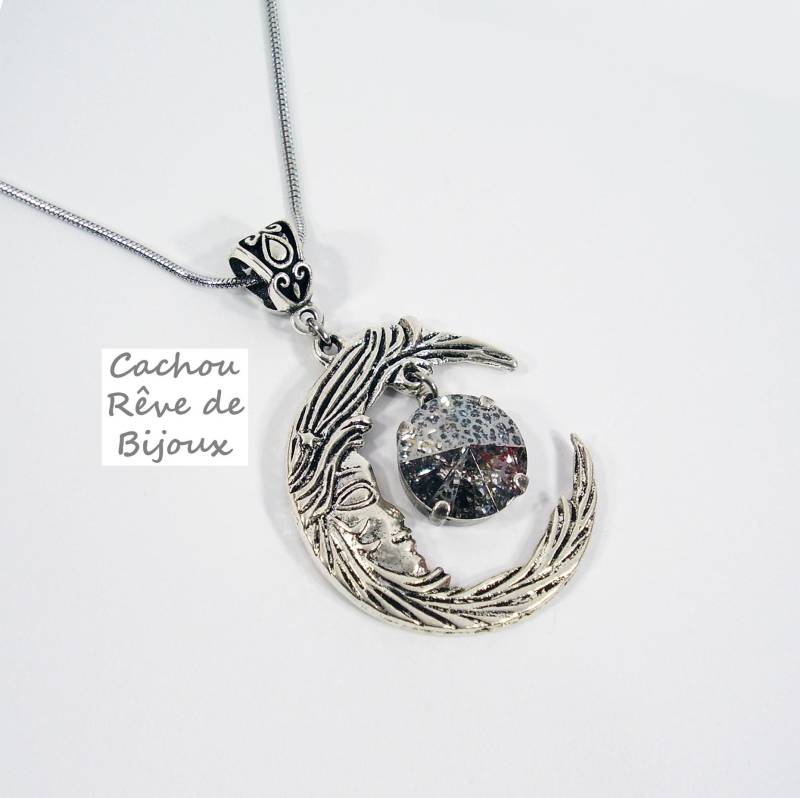 Mondgesicht Anhänger Halskette Swarovski Kristall Patina Silber/Reinweiß Schlangenkette Edelstahl Göttin Wicca Hexe Weiße Mondgesicht Anhänger Halskette Swarovski Kristall Patina Silber/Reinweiß Schlangenkette Edelstahl Göttin Wicca Hexe Weiße von CachouReveDeBijoux
