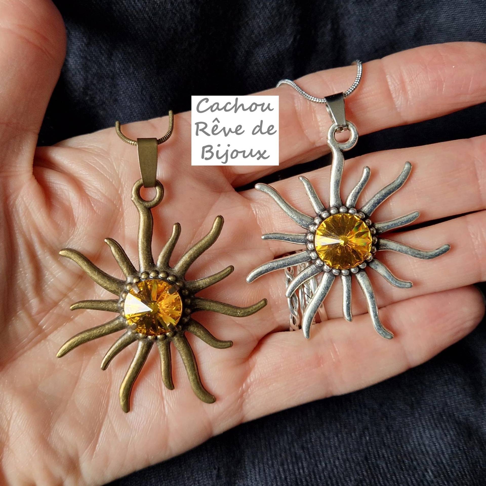 Swarovski Gelbe Kristall Sonne Halskette Anhänger Große Strahlen Wahl Antik Silber Bronze Boho Chic Pagan Hexe Sonnengott Ra Re Swarovski Gelbe Kristall Sonne Halskette Anhänger Große Strahlen Wahl Antik Silber Bronze Boho Chic Pagan Hexe Sonnengott Ra Re von CachouReveDeBijoux