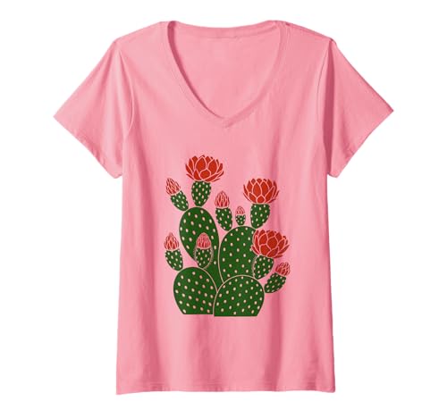 Damen Kaktus mit roten Blumen Kunst für Frauen Kinder Mädchen T-Shirt mit V-Ausschnitt Damen Kaktus mit roten Blumen Kunst für Frauen Kinder Mädchen T-Shirt mit V-Ausschnitt von Cacti Arts Design