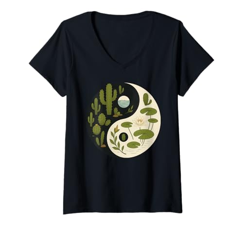 Damen Cactus Water Lillies Yin Yang T-Shirt mit V-Ausschnitt Damen Cactus Water Lillies Yin Yang T-Shirt mit V-Ausschnitt von Cacti Water Lily Yin Yang Gardening Apparel
