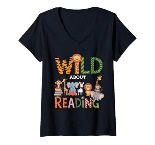 Damen Wild About Reading Cute Jungle Animal Book Design T-Shirt mit V-Ausschnitt Damen Wild About Reading Cute Jungle Animal Book Design T-Shirt mit V-Ausschnitt von CactiCozy