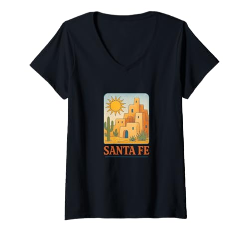 Damen Santa Fe, Adobe, Sonnenuntergang, im Stil Einer südwestlichen Wüsten-Sonnenlandschaft T-Shirt mit V-Ausschnitt Damen Santa Fe, Adobe, Sonnenuntergang, im Stil Einer südwestlichen Wüsten-Sonnenlandschaft T-Shirt mit V-Ausschnitt von Cactus Sky High Desert Living Co
