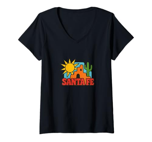 Damen Santa Fe, Adobe, Sonnenuntergang, im Stil Einer südwestlichen Wüsten-Sonnenlandschaft T-Shirt mit V-Ausschnitt Damen Santa Fe, Adobe, Sonnenuntergang, im Stil Einer südwestlichen Wüsten-Sonnenlandschaft T-Shirt mit V-Ausschnitt von Cactus Sky High Desert Living