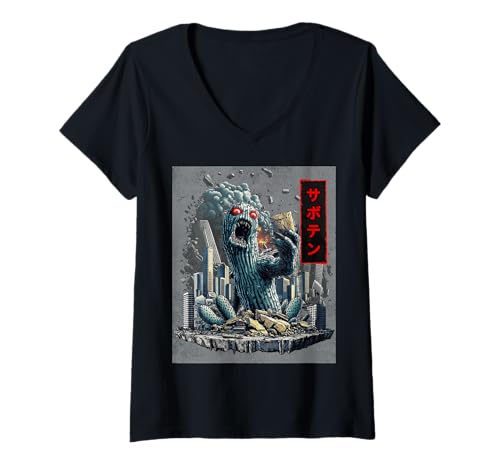 Damen Lustige Kaktus Sukkulente Pflanze Kaiju Monster Japanisch T-Shirt mit V-Ausschnitt von Cactus Succulent Kaiju Monster Clothing