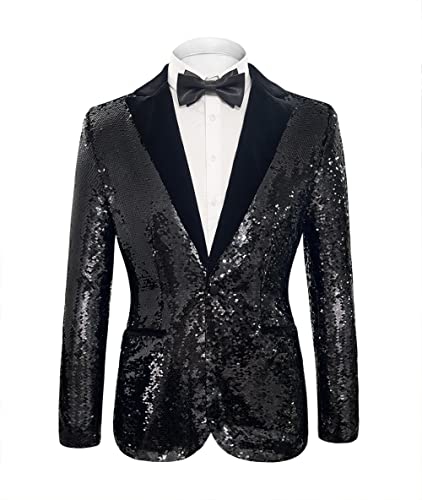 Cacycasa Herren Alltagskleidung Hochzeit Abschlussball Party Pailletten Smoking Anzug Jacke Blazer, schwarz, M von Cacycasa