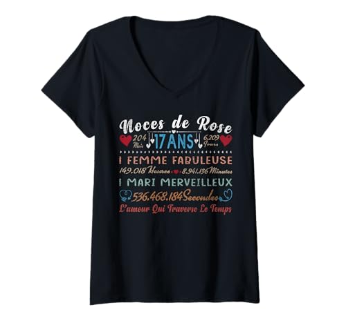Damen Rosenhochzeit Geschenk zum 17. Hochzeitstag T-Shirt mit V-Ausschnitt Damen Rosenhochzeit Geschenk zum 17. Hochzeitstag T-Shirt mit V-Ausschnitt von Cadeau 17 ans de Mariage