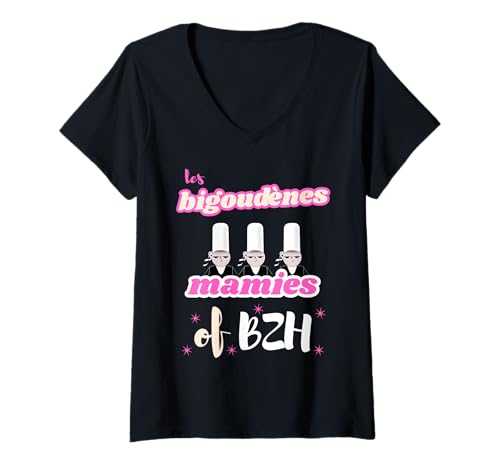 Damen Les Bigoudènes Mamies de Bretagne BZH T-Shirt mit V-Ausschnitt von Cadeau Bretagne Naissance Grand-Mère Annonce Bébé