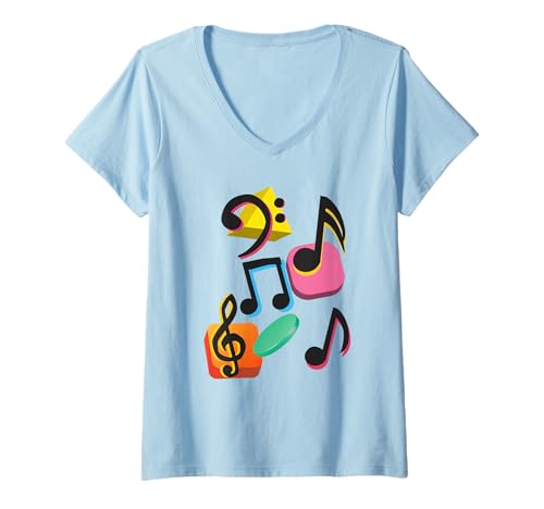Damen Musiknoten Bunt Retro Vintage Musiker T-Shirt mit V-Ausschnitt von Cadeau musique musiciens vêtement musique
