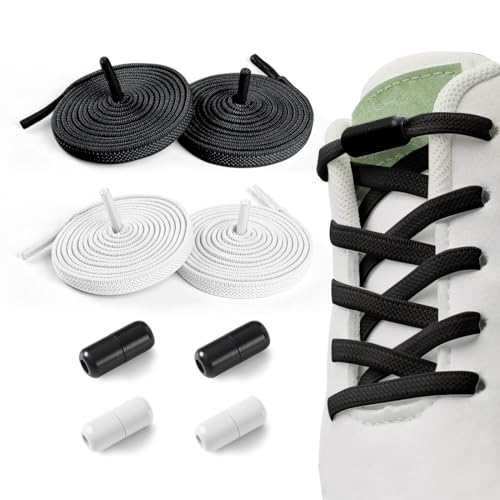 2 Paar Elastische Schnürsenkel Ohne Binden Schwarz und Weiß - Einstellbare Mit Metallkapsel, Fauler Universeller Schuhbänder, No Tie für Erwachsene und Kinder von Cadimus