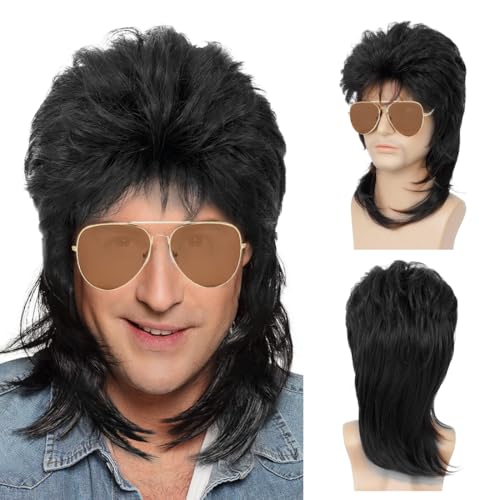 Perücke herren,Vokuhila Perücke mit Sonnenbrille，80er 90er Jahre perücke herren，Rocker punker perücke für Karneval, Fasching, Cosplay Halloween Party（Schwarz） von Cadimus