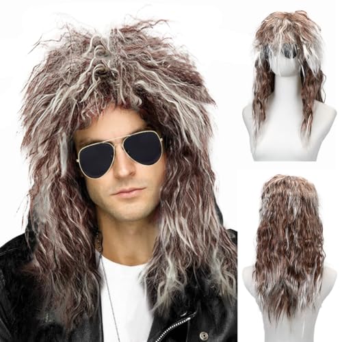 Perücke herren,Rocker Perücke，80er 90er Jahre perücke herren mit Sonnenbrille，Rocker punker Disco perücke für Karneval, Fasching, Cosplay Halloween Party（Weiß Braun） von Cadimus
