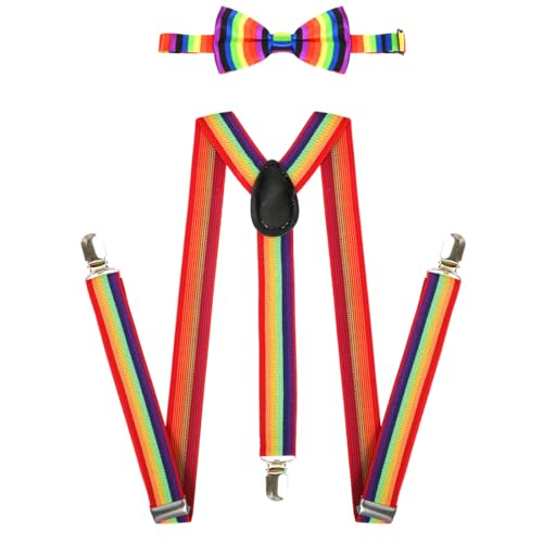 Cadimus 2PCS Regenbogen Hosenträger Fliege Set, Y-Form Verstellbar Elastisch, Unisex, für Festival Cosplay Party von Cadimus