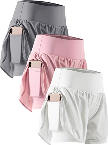 CADMUS 2 in 1 Damen Workout Shorts für Athletic Gym Running Shorts mit Handytaschen, 3 Pack: 06# Grau & Pink & Weiß, Groß von Cadmus