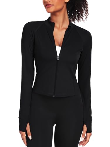 CADMUS Butterluxe Damen Workout-Jacken Langarm Full Zip Slim Fit Sportswear Crop Tops Daumenlöcher zum Laufen, 1642#: Schwarz, Klein von Cadmus