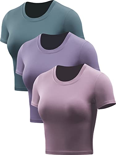 CADMUS Workout Crop Tops Damen Racerback Dry Fit Athletic Shirts Kurzarm 3 Stück, 79#: 3 Stück, hellrosa, hellviolett, dunkelgrün, Mittel von Cadmus