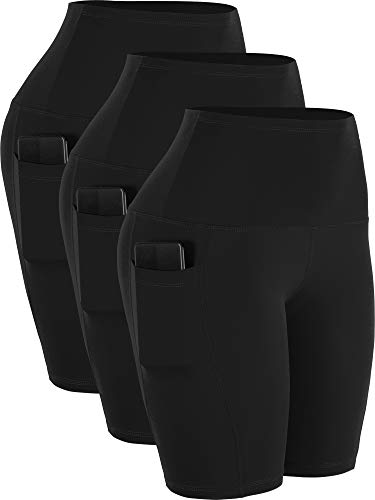 Cadmus 3er-Pack Workout-Shorts mit hoher Taille für Damen, 22,9 cm, Biker-Kompression, kurze Leggings für Yoga, Out-Taschen - Schwarz - Klein von Cadmus