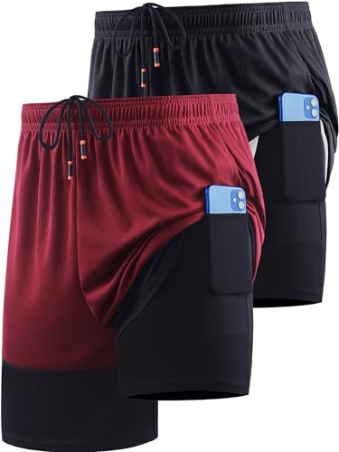 Cadmus Herren 2-in-1-Laufshorts mit Innenfutter, Dry Fit Workout Shorts mit Taschen, 94 Schwarz/Rot, 2er-Pack, 56 von Cadmus