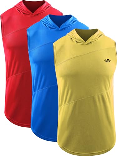 Cadmus Herren Muskelshirt ärmellos für Fitnessstudio Laufen Fitness Shirts mit Kapuze, 0036# Blau, Rot, Gelb, 3 Stück, L von Cadmus