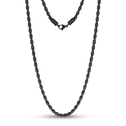 Cadoline Schwarzer Herrenschmuck aus 316L-Edelstahl, 4 mm lange Knotenseil-Halskette von Cadoline