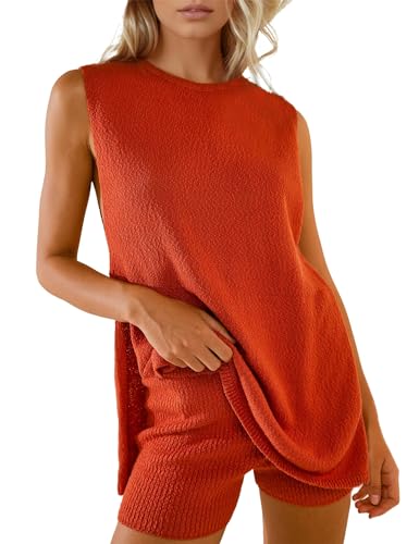 Caduola Strick-Pyjama-Set, Damen-Pyjama-Set, Waffelstrick, lässig, ärmellos, Pullover, Tank-Top-Shorts, Orange/Rot, M/L von Caduola