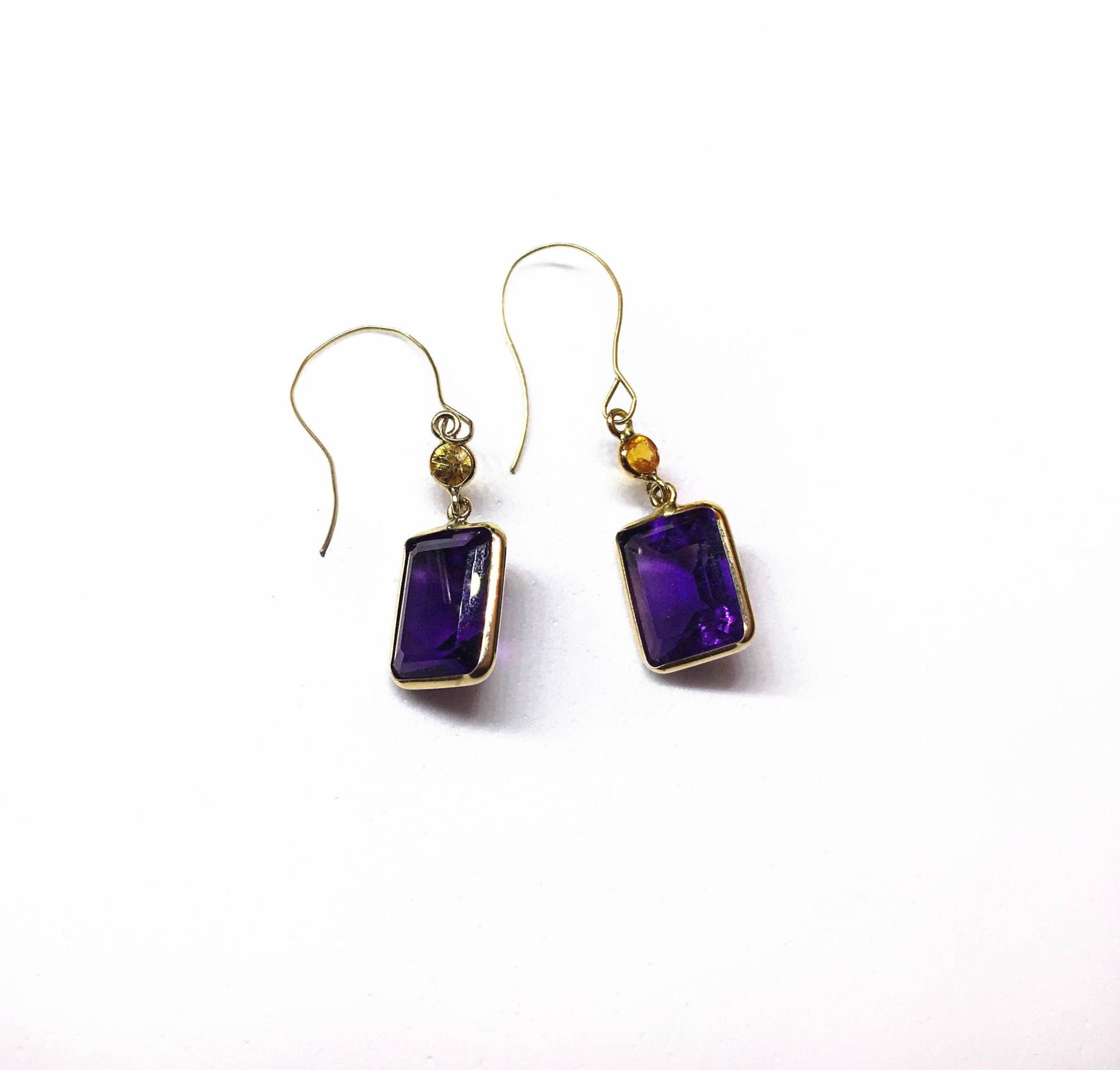 14 K Gelbgold Ohrringe, Natürliche Amethyst Citrin Bewertung, Trendige Edelstein Ohrringe von CaeruleumJewelry