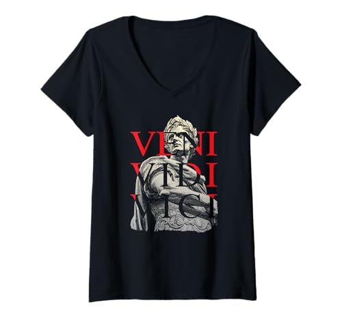 Damen Veni Vidi Vici Julius Caesar Statue Lateinische Machtkunst T-Shirt mit V-Ausschnitt Damen Veni Vidi Vici Julius Caesar Statue Lateinische Machtkunst T-Shirt mit V-Ausschnitt von Caesar's Soul