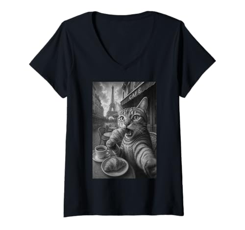 Damen Paris Selfie Katze frisst Croissant am Eiffelturm T-Shirt mit V-Ausschnitt Damen Paris Selfie Katze frisst Croissant am Eiffelturm T-Shirt mit V-Ausschnitt von Café Chat Créatif