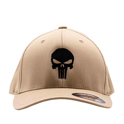 Café Viereck ® Unisex Cap Wooly Combed – Gestickt mit Punisher Zeichen – für Männer und Frauen (Beige Cap mit schwarzem Punisher, XS (53 cm)) von Café Viereck