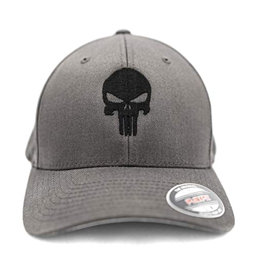 Café Viereck ® Unisex Cap Wooly Combed – Gestickt mit Punisher Zeichen – für Männer und Frauen (Graue Cap mit schwarzem Punisher, L/XL (57-61 cm)) von Café Viereck