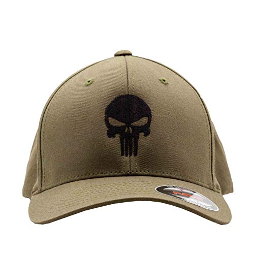 Café Viereck ® Unisex Cap Wooly Combed – Gestickt mit Punisher Zeichen – für Männer und Frauen (Olivgrüne Cap mit schwarzem Punisher, XS (53 cm)) von Café Viereck