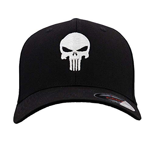 Café Viereck ® Unisex Cap Wooly Combed – Gestickt mit Punisher Zeichen – für Männer und Frauen (Schwarzes Cap mit weißem Punisher, L/XL) von Café Viereck