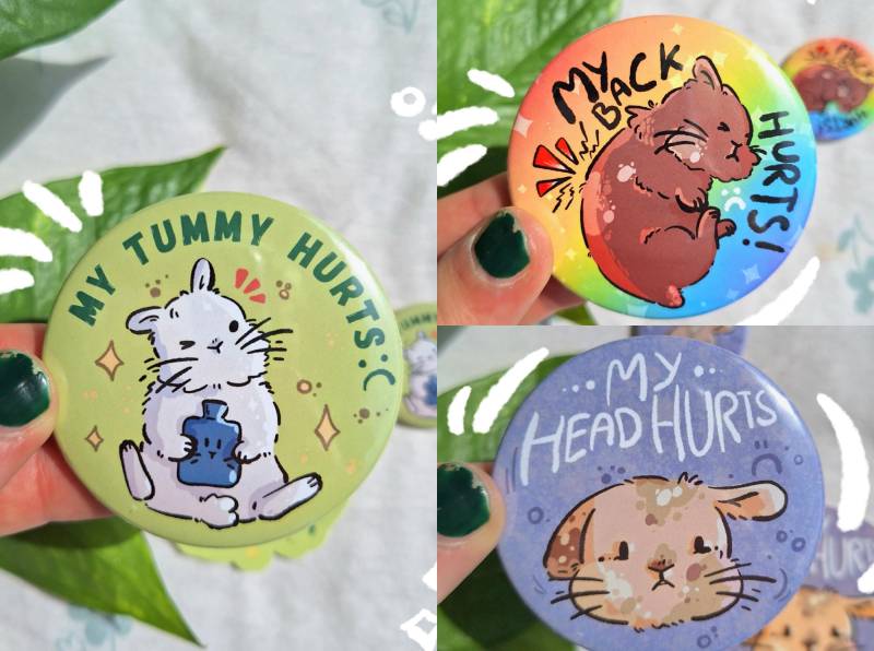 My Head/Tummy/Back Hurts - Bunny Button Pin | Chronic Pain Cute & Adorable Rabbit Badge For Illness, Invisible Disability von CafeBunStudioShop