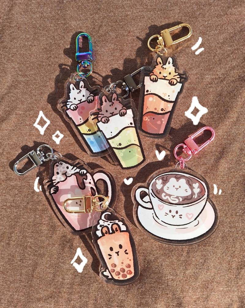 Set Café Drink Bunny Acrylic Keychains | Adorable Charm For Coffee & Tea Lovers, Cafe Aesthetic, Cute Rabbit Pet Animal Art von CafeBunStudioShop