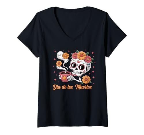 Damen Dia de Los Muertos Zuckerschädel mit Cafecito Vibes T-Shirt mit V-Ausschnitt Damen Dia de Los Muertos Zuckerschädel mit Cafecito Vibes T-Shirt mit V-Ausschnitt von Cafecito and Sugar Skull Souvenirs and More