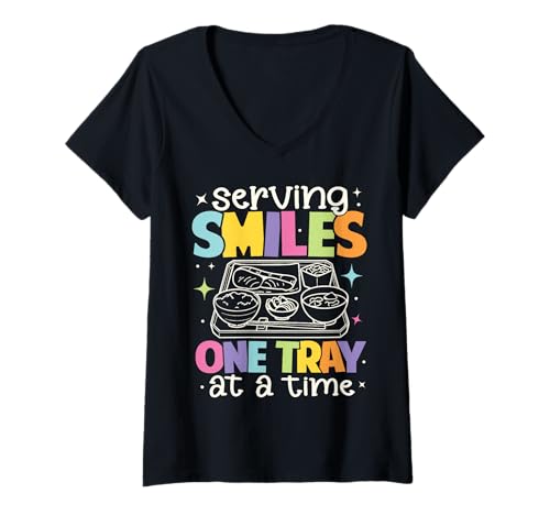 Damen EIN Tablett nach dem Anderen EIN Lächeln servieren, Cafeteria-Mitarbeiterin T-Shirt mit V-Ausschnitt von Cafeteria Worker Serving Some Smiles Lunch Lady