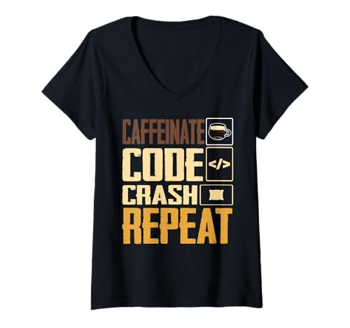 Damen Crash-Repeat-Loop-Design mit Koffeincode T-Shirt mit V-Ausschnitt Damen Crash-Repeat-Loop-Design mit Koffeincode T-Shirt mit V-Ausschnitt von Caffeinated Coders & Programmers by NLTS