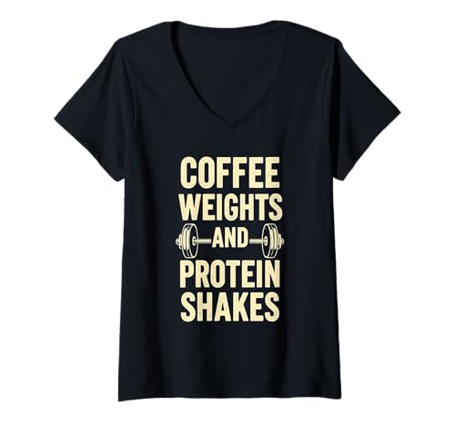 Damen Kaffee Gewichte Protein Shakes Gym Gewichtheben Fitness T-Shirt mit V-Ausschnitt von Caffeinated Gains Co.