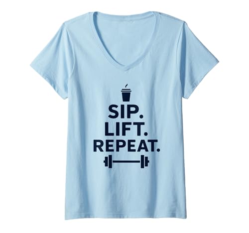 Damen Sip Lift Repeat Gym Motivation Fitness Kaffeeliebhaber T-Shirt mit V-Ausschnitt von Caffeinated Gains Co.