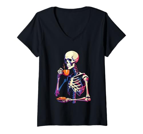 Damen Skelett Trinken Kaffee T-Shirt mit V-Ausschnitt Damen Skelett Trinken Kaffee T-Shirt mit V-Ausschnitt von Caffeinated Skull