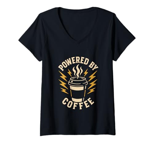 Damen Powered by Coffee Retro Coffein Energy T-Shirt mit V-Ausschnitt Damen Powered by Coffee Retro Coffein Energy T-Shirt mit V-Ausschnitt von Caffeine Art