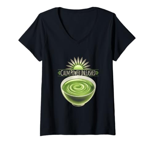 Damen Calm Power Unleashed Grünes Teelicht Sunrise Zen Bliss Glow T-Shirt mit V-Ausschnitt Damen Calm Power Unleashed Grünes Teelicht Sunrise Zen Bliss Glow T-Shirt mit V-Ausschnitt von Caffeine Consumers Mild Energy Tea Lovers Tees