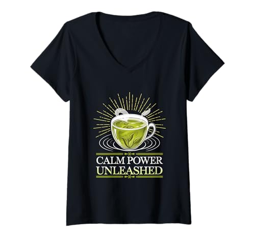Damen Calm Power Unleashed Grünes Teelicht Sunrise Zen Bliss Glow T-Shirt mit V-Ausschnitt Damen Calm Power Unleashed Grünes Teelicht Sunrise Zen Bliss Glow T-Shirt mit V-Ausschnitt von Caffeine Consumers Mild Energy Tea Lovers Tees
