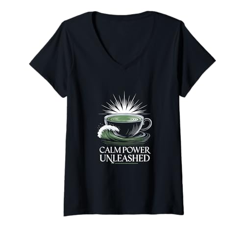 Damen Calm Power Unleashed Grünes Teelicht Sunrise Zen Bliss Glow T-Shirt mit V-Ausschnitt Damen Calm Power Unleashed Grünes Teelicht Sunrise Zen Bliss Glow T-Shirt mit V-Ausschnitt von Caffeine Consumers Mild Energy Tea Lovers Tees