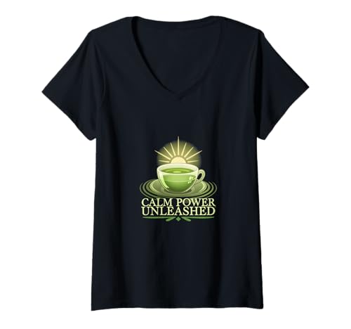 Damen Calm Power Unleashed Grünes Teelicht Sunrise Zen Bliss Glow T-Shirt mit V-Ausschnitt Damen Calm Power Unleashed Grünes Teelicht Sunrise Zen Bliss Glow T-Shirt mit V-Ausschnitt von Caffeine Consumers Mild Energy Tea Lovers Tees