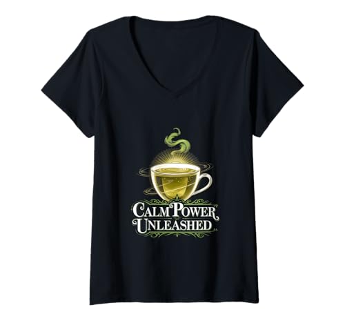 Damen Calm Power Unleashed Grünes Teelicht Sunrise Zen Bliss Glow T-Shirt mit V-Ausschnitt Damen Calm Power Unleashed Grünes Teelicht Sunrise Zen Bliss Glow T-Shirt mit V-Ausschnitt von Caffeine Consumers Mild Energy Tea Lovers Tees