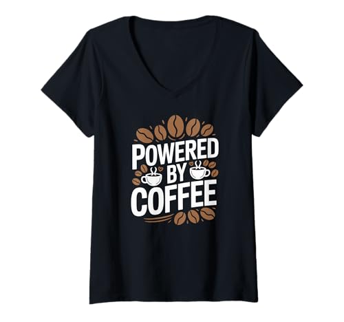 Damen Powered by Coffee Coffein Boost T-Shirt mit V-Ausschnitt von Caffeine Energy Espresso Enthusiasts