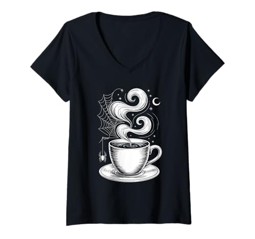 Damen Halloween Kaffeetasse Bohnen Koffein Espresso Barista T-Shirt mit V-Ausschnitt von Caffeine Gift For A Coffee Lover