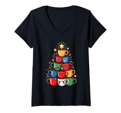Damen Weihnachtsbaum Kaffeetasse Koffein Espresso Barista T-Shirt mit V-Ausschnitt Damen Weihnachtsbaum Kaffeetasse Koffein Espresso Barista T-Shirt mit V-Ausschnitt von Caffeine Gift For A Coffee Lover
